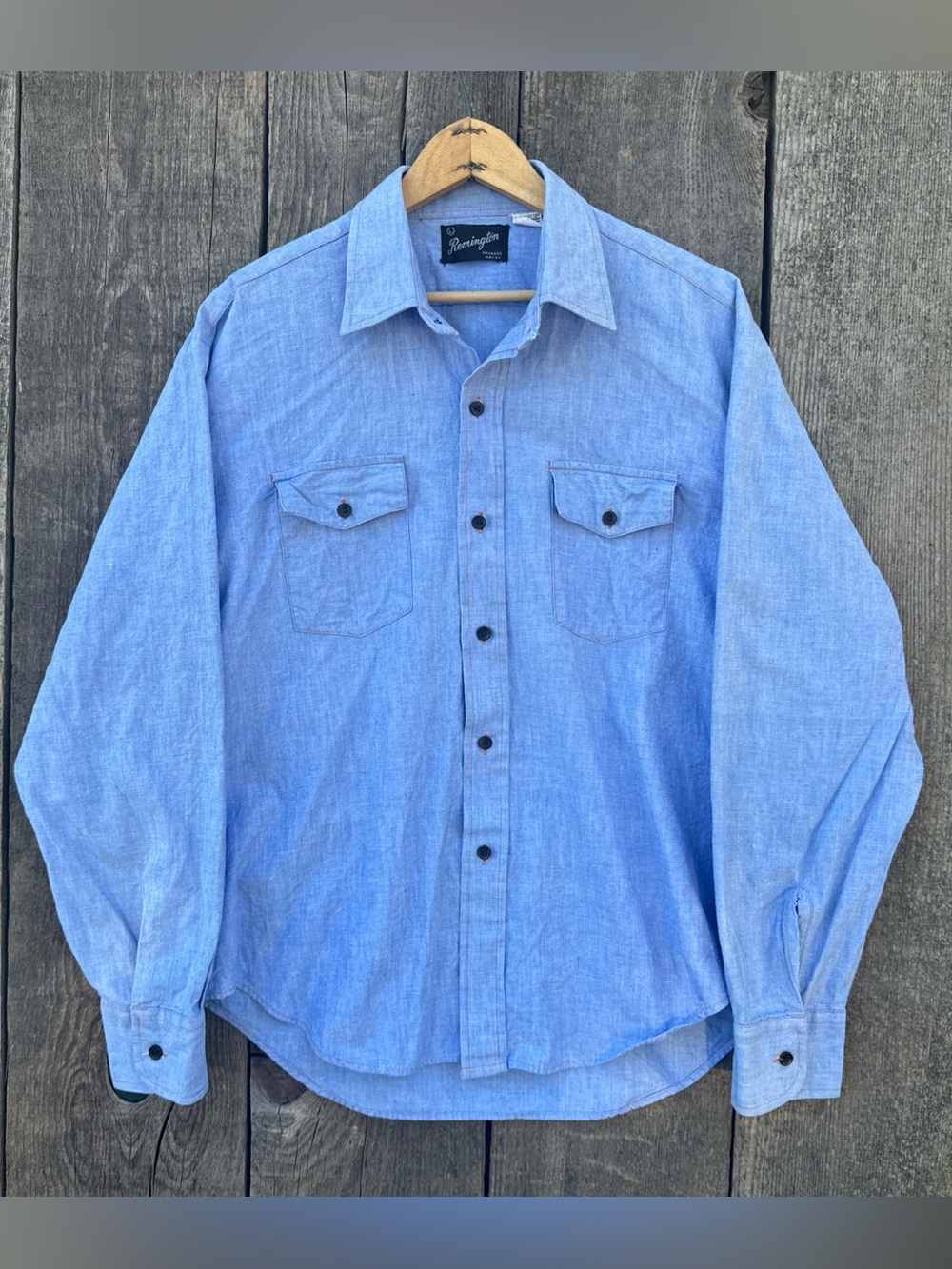 VTG 80s Remington Chambray Workwear Casual Button Up Shirt Contrast Stitch Large